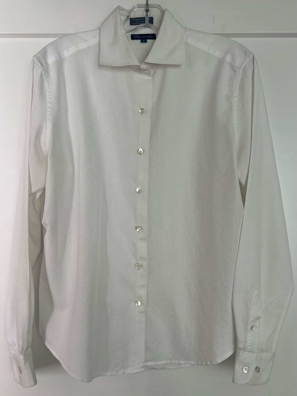 Faconnable Button Front Long Sleeve Textured Cotton Collared Shirt White Size L